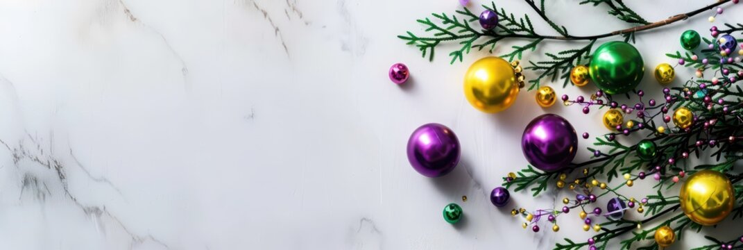 Vibrant mardi gras celebration with colorful baubles and festive decor. Horizontal banner. Copy space. Holiday template. Carnaval celebration