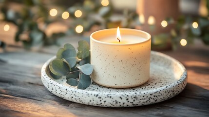 A cozy candle with eucalyptus on a speckled ceramic plate