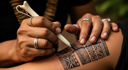 Obraz premium Skilled artisan meticulously applies intricate traditional body art to an arm using a pointed implement