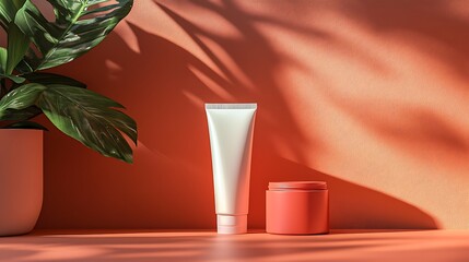 Aesthetic skincare products displayed on a wooden table with a plant in the background.