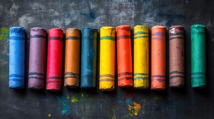 Assorted colorful chalk sticks arranged in a row on a dark background