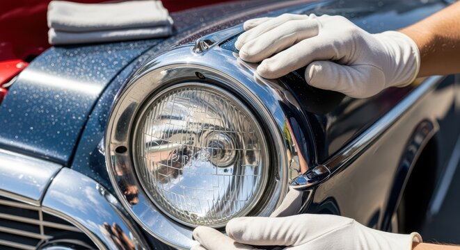 Careful detailing of a classic automobile's round headlight assembly with gloved hands