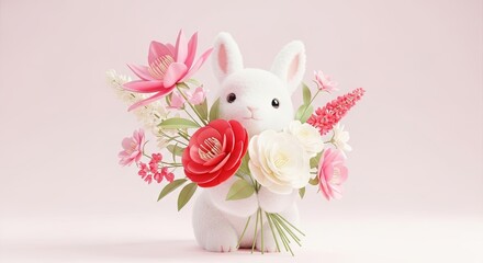 White fluffy rabbit holding a beautiful bouquet of spring flowers for Valentines Day. Cute animal character for holiday greeting card.