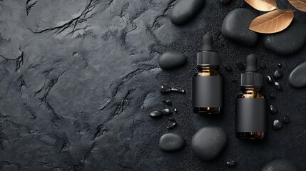 Elegant black marble background with gold bottles and black stones
