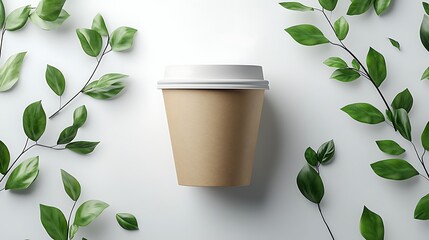 A single paper coffee cup placed on a white surface surrounded by green leaves