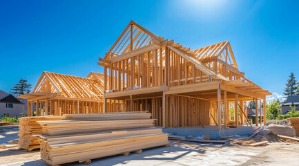 Wood frame home takes shape in bright sunlight, stacks of lumber and open beams show early stages of construction.