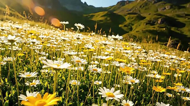 White and Yellow Daisies in a Lush Green Field on a Sunny Day with Blurred Background Nature Scene white daisies