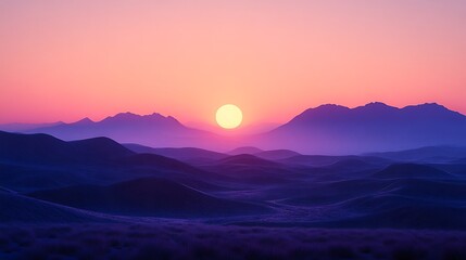The sun sets behind a mountain range, casting a warm glow over the landscape.