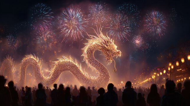 Golden dragon parade at night with glowing lights and colorful fireworks celebrating Lunar New Year