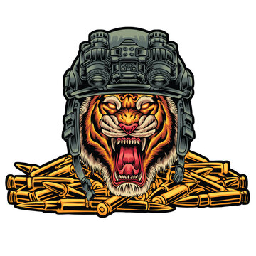 Aggressive tiger head in a tactical military helmet with night vision goggles and rifle bullets. High-quality vector design illustration.