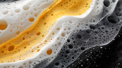 Close up view of a bubbly and frothy liquid with a yellow and white substance.