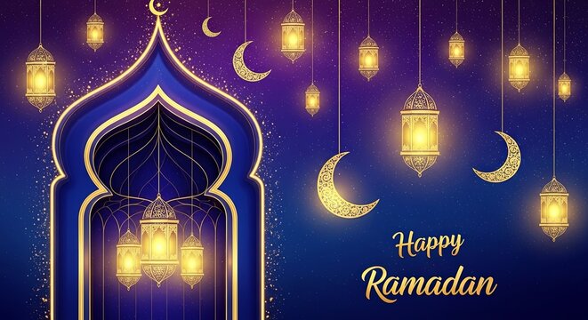 Blue mosque silhouette with hanging golden lanterns and crescent moons, happy Ramadan Mubarak greeting on dark night sky. Islam holiday background.