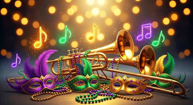Mardi Gras celebration with brass musical instruments, masks, and decorative beads. Festive carnival party concept for holiday event.