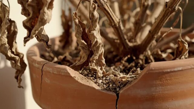 A close up shot reveals a neglected brown potted plant wilting in a cracked terracotta pot under bright sunlight The plant s dry leaves display a desperate need for attention