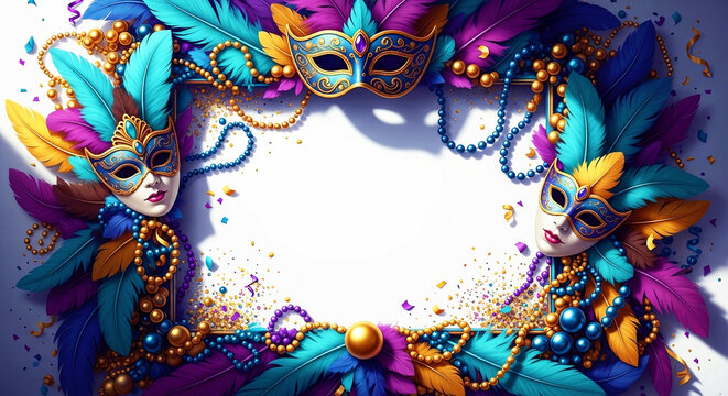 Mardi Gras mask with colorful feathers and bead necklaces. Festive frame for carnaval invitation or party poster. Celebration concept.