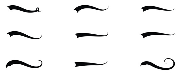 Hand drawn curved swoosh tail elements designed for vector art, baseball, football, athletics logos and text art. EPS 10.