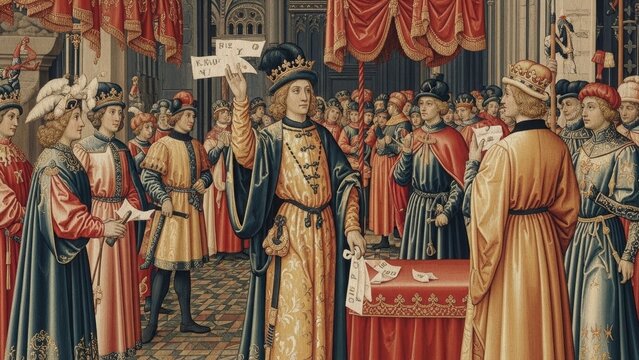 Royal Audience: A regal monarch, resplendent in gold, addresses his court, surrounded by members in a majestic hall, embodying authority and the grandeur of medieval times.