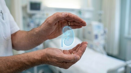 kidney urology healthcare nephrology medical doctor hands protecting a digital organ hologram in a hospital setting for advanced renal transplant treatment and patient care concept.