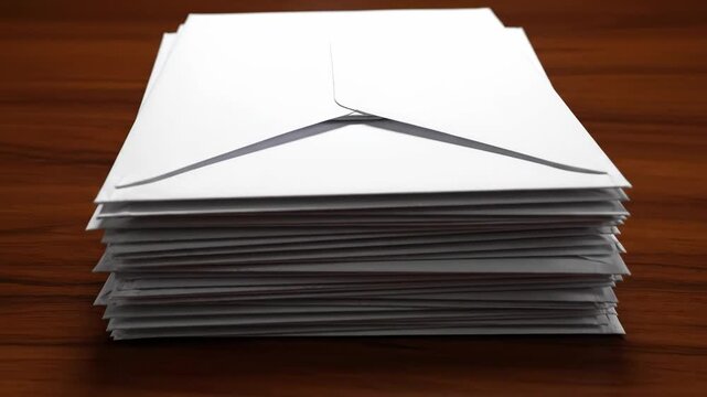 A stack of white envelopes sits on a polished wooden desk surface The envelopes are neatly piled ready for mail or correspondence Clean and professional arrangement