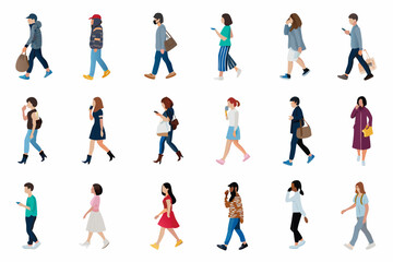 Fototapeta premium Diverse group of people walking illustrated vector figures in various outfits