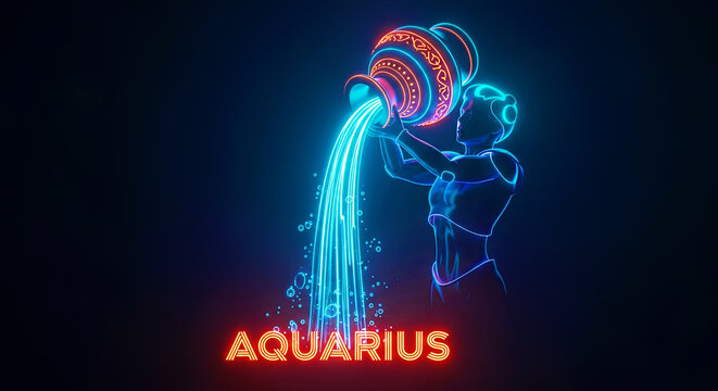 Aquarius zodiac sign represented by a futuristic neon glowing man pouring water from a jug. Horoscope astrology symbol for prophecy.