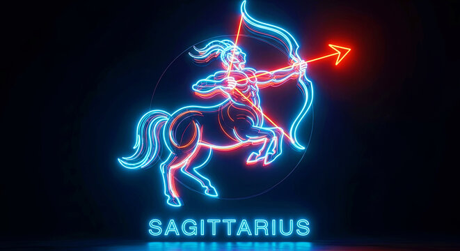 Neon sagittarius zodiac sign illustration for horoscope. Astrology and fortune telling concept for design. Mystic symbolism.