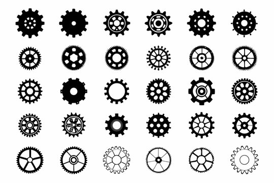 Collection of various black and white gear icons displayed in a grid pattern