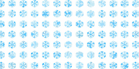 A repeating pattern of delicate light blue snowflake shapes on white