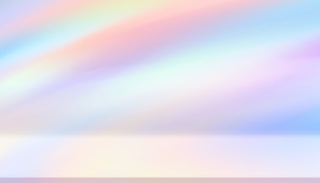 Background light prism holographic rainbow for technology product design.Studio backdrop with pink hologram podium and floor crystal texture platform,Vector abstract of shadow spectrum digital display