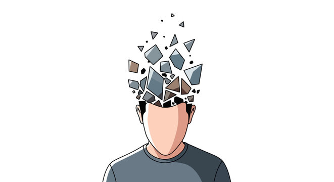 Man with shattered mirror pieces exploding from his head symbolizing mental breakdown or confusion