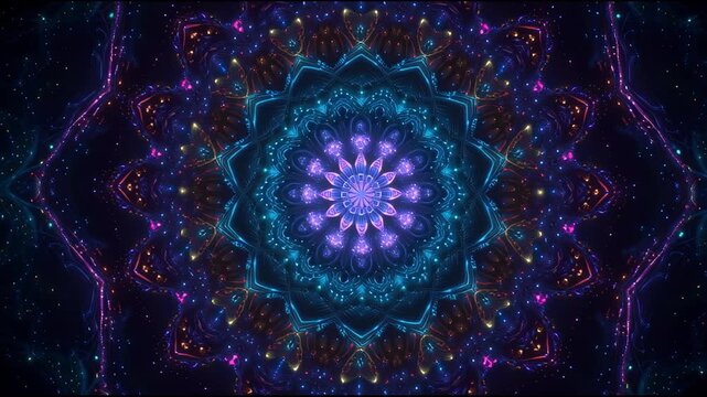 A vibrant, symmetrical pattern with intricate designs and colorful elements viewed from directly above in a dark environment