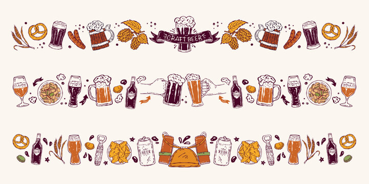 Hand-drawn vector craft beer border with mugs, hops, malt, wheat, sausages and snacks. Ideal for brewery branding, pub menus, packaging, and festive beer events