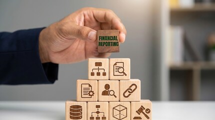 Financial reporting accounting business strategy corporate governance compliance auditing management professional hand stacking wooden blocks for solid fiscal framework and growth.