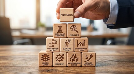 Profitability business growth strategy success financial performance building foundation value creation blocks representing corporate management, structural efficiency, and ROI.