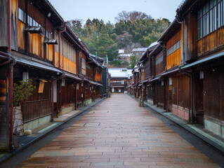 Fototapeta premium Higashi Chaya District on a snowy day in Kanazawa, the capital city of Ishikawa Prefecture, Japan.