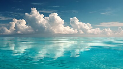 Tranquil Tropical Ocean with Fluffy Clouds Reflected on Calm Turquoise Water Surface.
