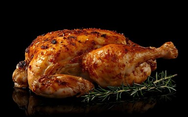 Perfectly roasted whole chicken glistening with a savory glaze and garnished with fresh sprigs of aromatic rosemary resting elegantly on a dark reflective surface creating a dramatic food presentation