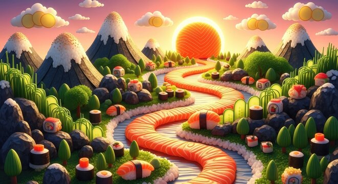 Sushi Themed Mountain Landscape Stock Photo With Crunchy Roll Path and Yellow Sunset