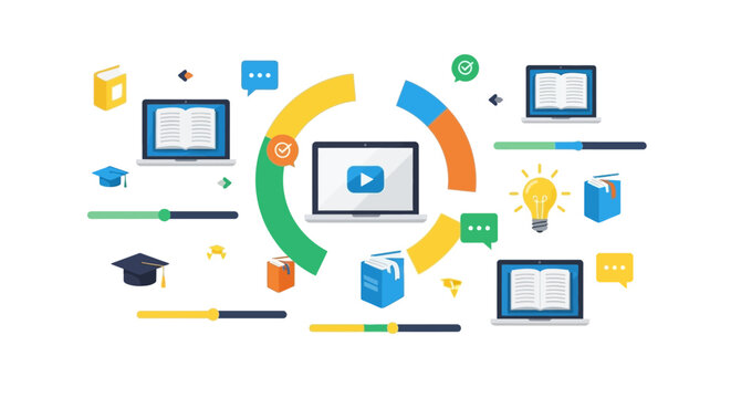 Educational Technology Icons Arranged Around Central Laptop Display on Modern Digital Platform