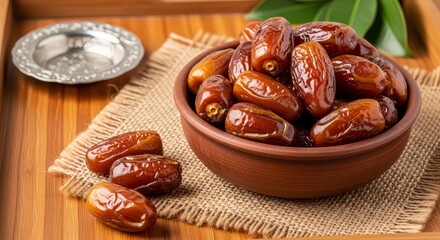 Fototapeta premium Brown dates in a clay bowl on a burlap cloth with green leaves and a metal dish on a wooden table