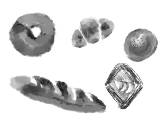 墨や黒の水彩で描いた滲んだいろいろなパンのイラスト素材