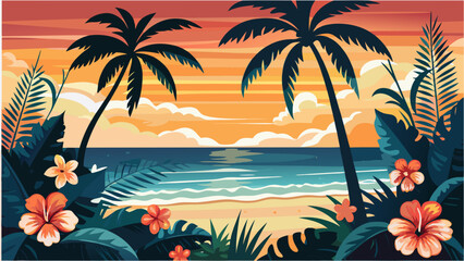 Vibrant tropical beach at sunset with palm trees and hibiscus flowers