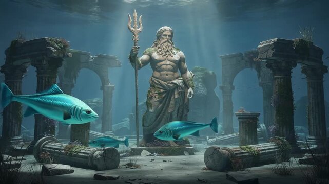 Underwater ancient Greek statue of Poseidon trident surrounded by ruins and colorful fish in ocean scene