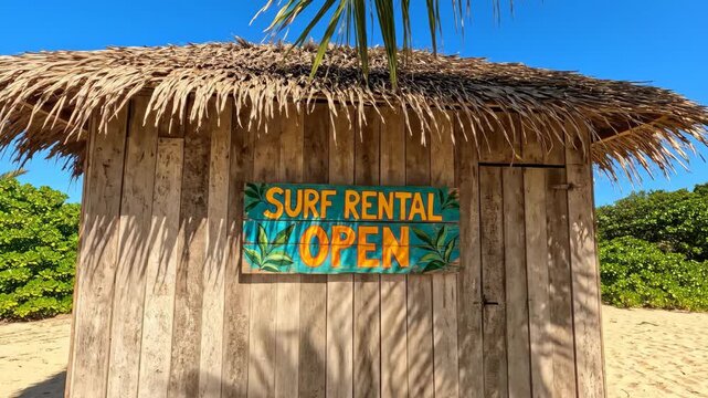 A rustic surf rental hut with a thatched roof stands welcoming surfers The sign declares it is open bathed in bright sunlight on a sandy beach