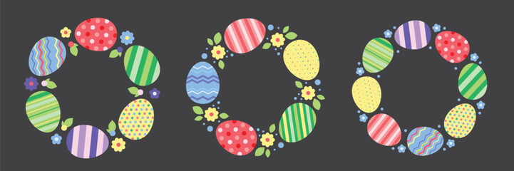 Easter eggs frame set. Round colorful borders or wreaths with floral and decorative elements. © Marina