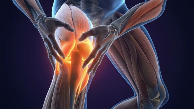 3D medical illustration of human knee pain showing muscles bones and joint inflammation