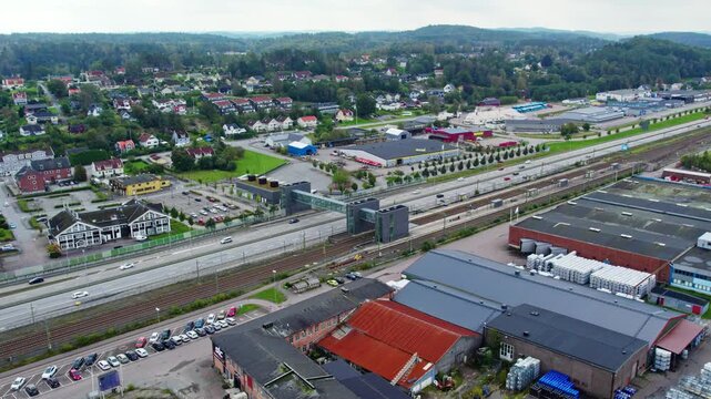 &Auml;lv&auml;ngen Train Station Near The European Route E45 Highway, Sweden - Drone Establishing shot