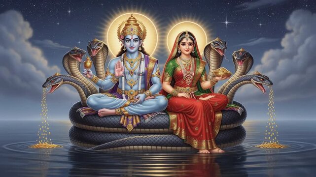 Divine Hindu gods Vishnu and Lakshmi sitting on multi-headed serpent with golden aura and cosmic night sky