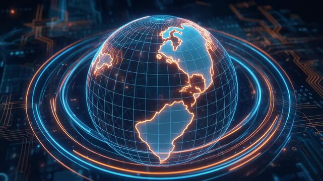 Digital futuristic globe with glowing continents and grid lines representing global technology and connectivity