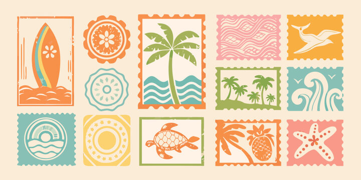 Collection of colorful vintage style travel stamps with tropical themes